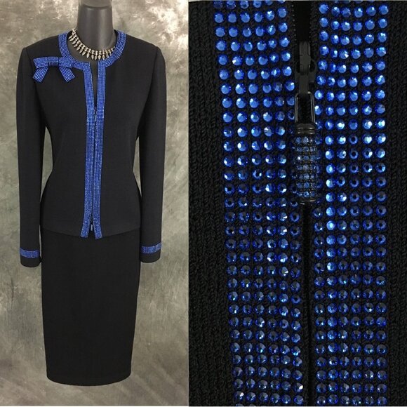 BEAUTIFUL St John evening knit black blue rhinestone embellished skirt suit 4
